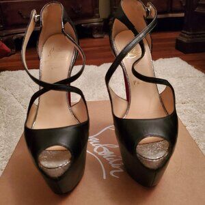 Christian Louboutin Exagona 160 Black Leather w/ Silver Glitter Accent  EU 36.5